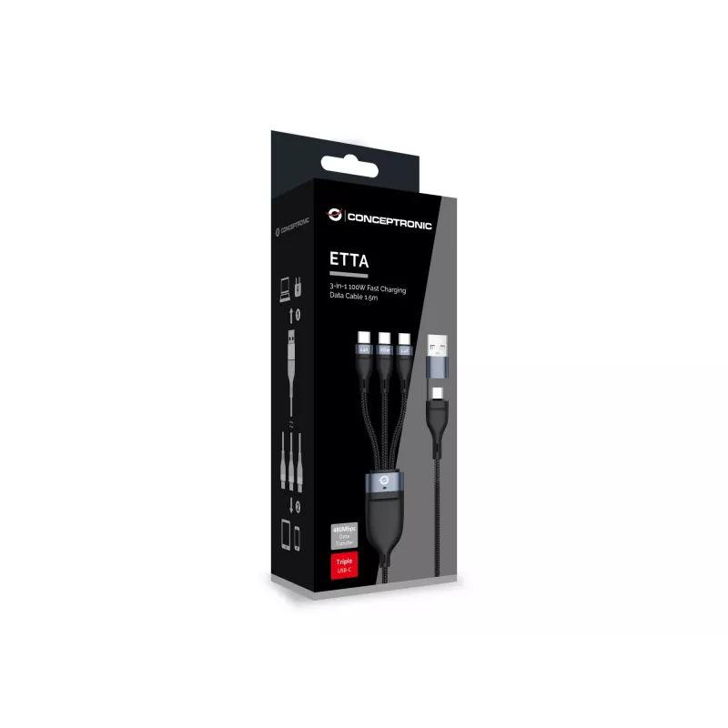 Conceptronic ETTA06B15C 3-in-1 100 W rýchlonabíjací dátový kábel 1,5 m, trojitý USB-C, USB 2.0, E-Mark