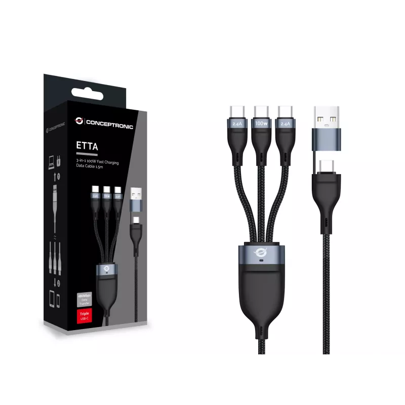 Conceptronic ETTA06B15C 3-in-1 100 W rýchlonabíjací dátový kábel 1,5 m, trojitý USB-C, USB 2.0, E-Mark
