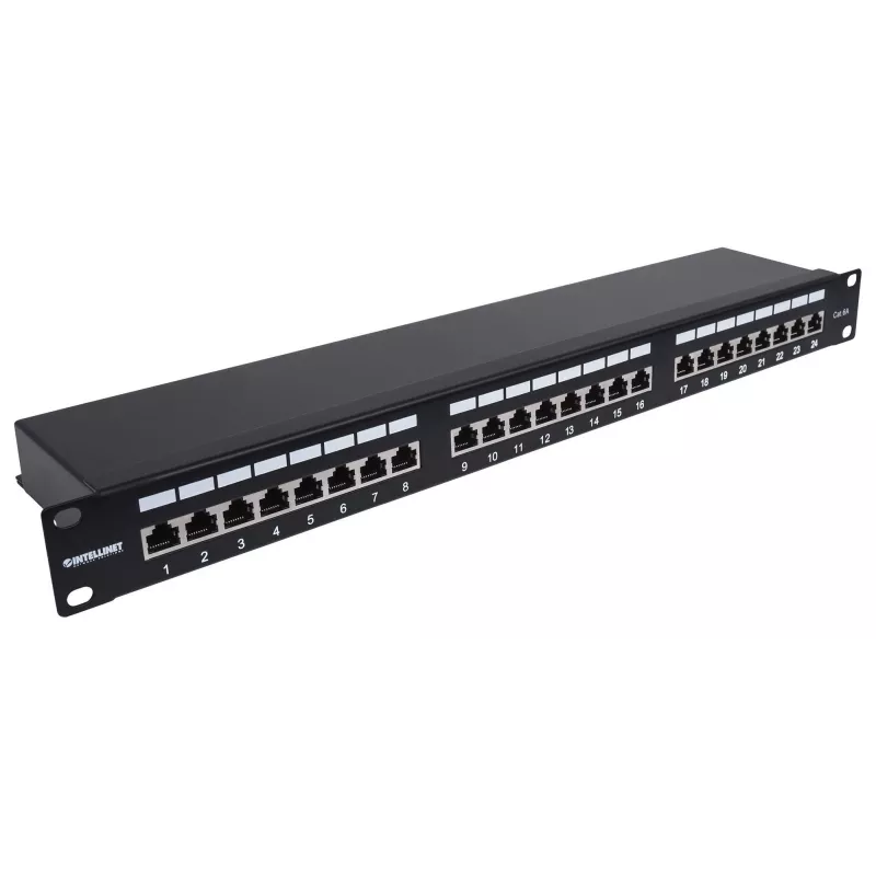 Intellinet patch panel, Cat6a, FTP, 24-portový, 1U, tienený, 90° Top-Entry LSA lišty, čierny