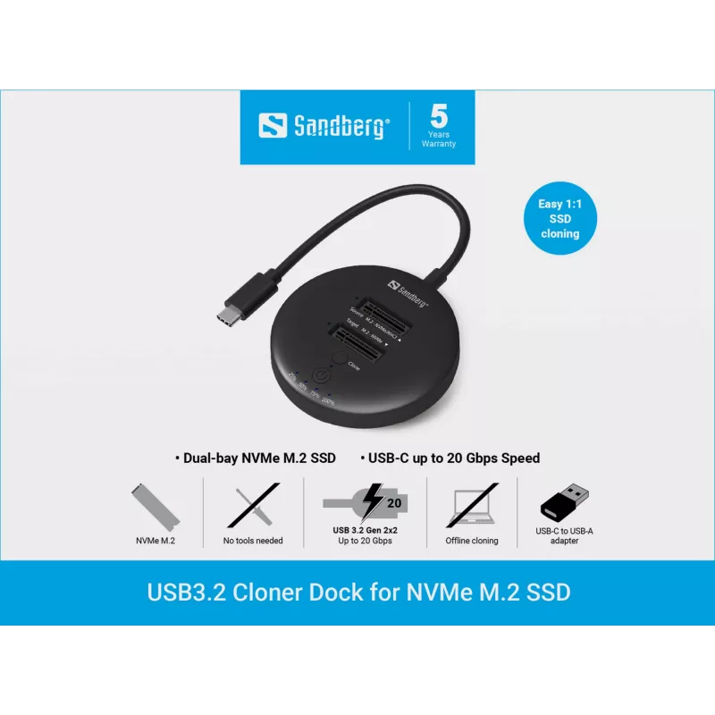 Sandberg USB3.2 Cloner Dock pre NVMe M.2 SSD, čierna, 20 Gbit/s