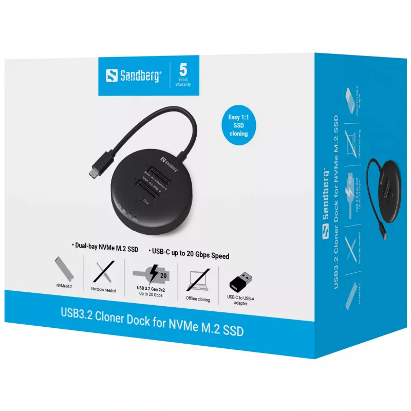 Sandberg USB3.2 Cloner Dock pre NVMe M.2 SSD, čierna, 20 Gbit/s