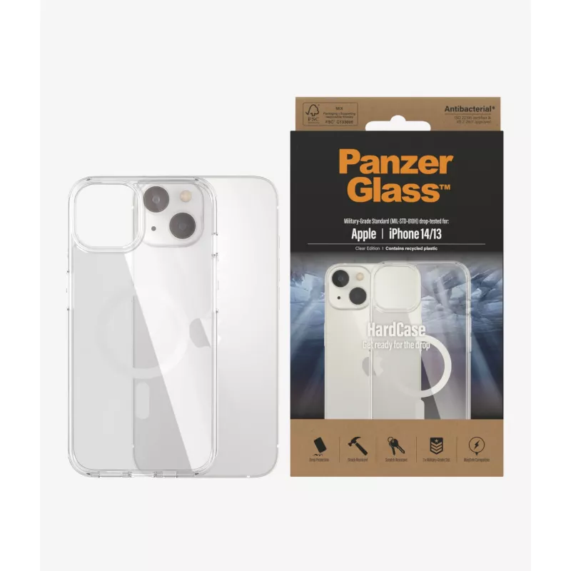 PanzerGlass HardCase MagSafe 0409 puzdro pre Apple iPhone 14/13, 6,1 palca (15,5 cm), recyklovaný TPU, antibakteriálne, priehľadné