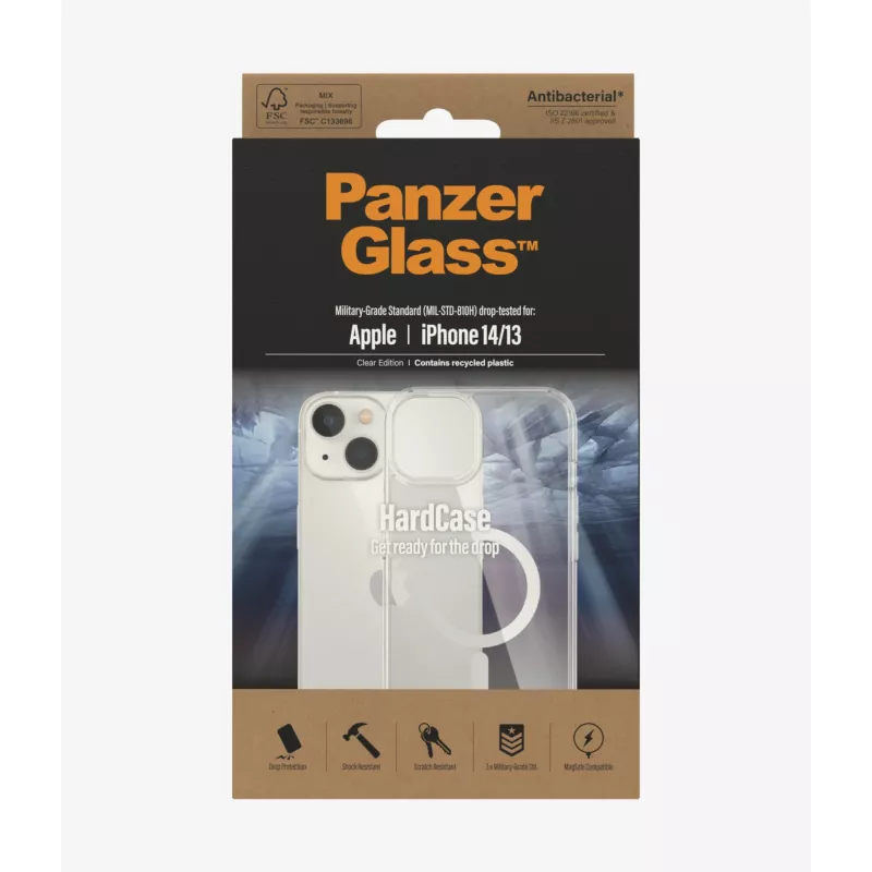 PanzerGlass HardCase MagSafe 0409 puzdro pre Apple iPhone 14/13, 6,1 palca (15,5 cm), recyklovaný TPU, antibakteriálne, priehľadné