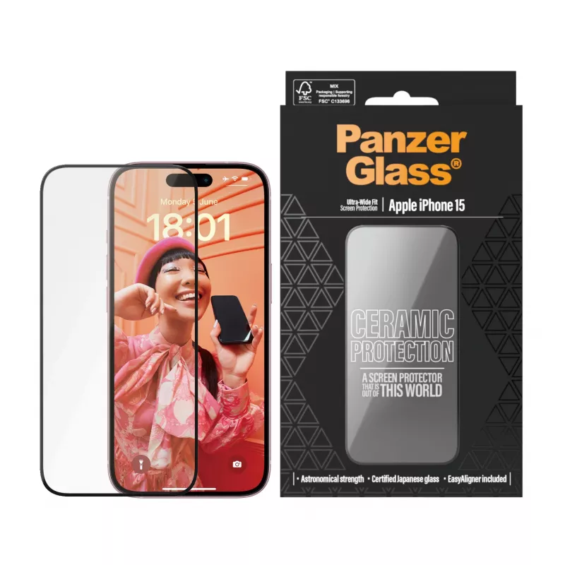 PanzerGlass Ceramic Protection pre iPhone 15 Ultra-Wide Fit odolná proti poškriabaniu nárazuvzdorná