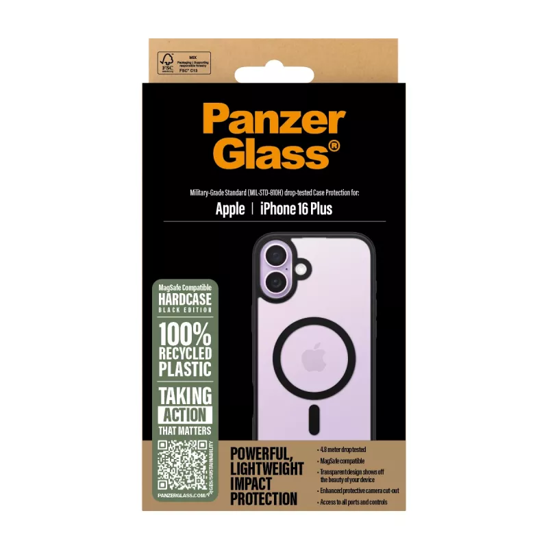 PanzerGlass ® HardCase transparentné s čiernym MagSafe a rámikom iPhone 16 Plus