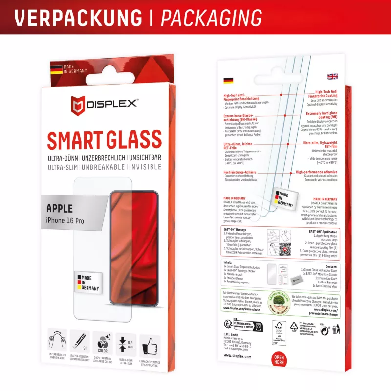 Displex Smart Glass (9H) pre Apple iPhone 16 Pro, montážna nálepka, nerozbitné
