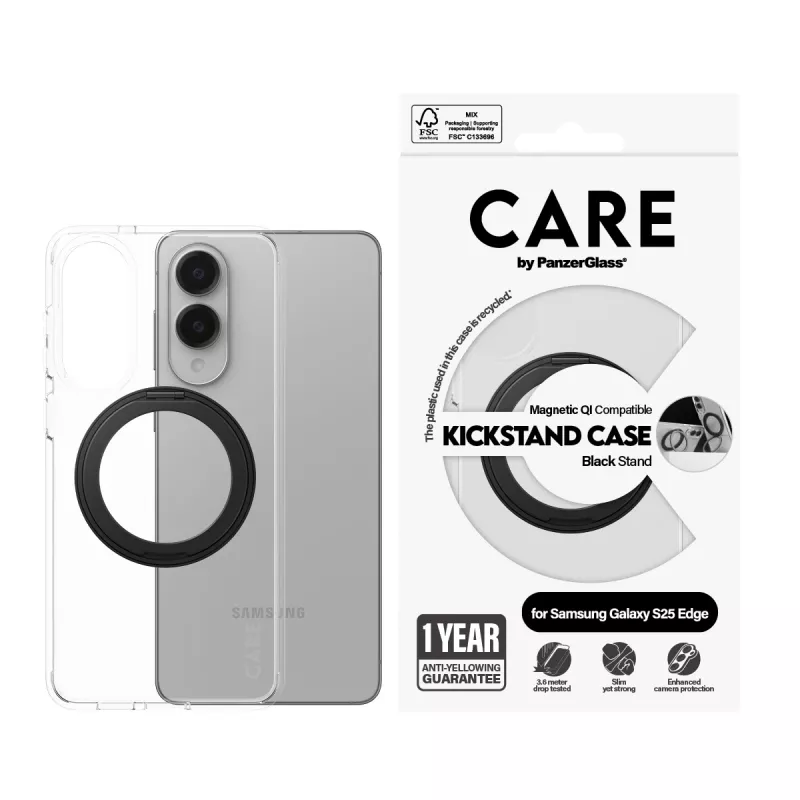 PanzerGlass CARE transparentné puzdro s čiernym stojanom a Qi Samsung Galaxy S25 Edge