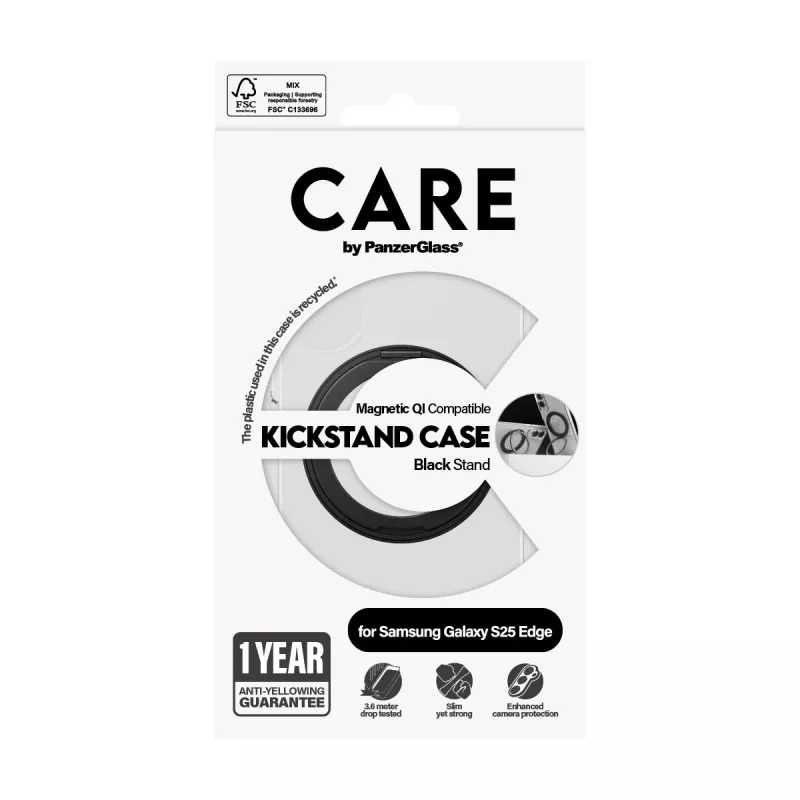 PanzerGlass CARE transparentné puzdro s čiernym stojanom a Qi Samsung Galaxy S25 Edge