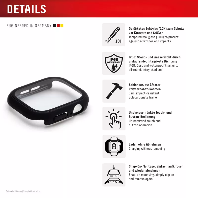 Displex 10H temperované sklo pre Apple Watch 9/8/7 (45 mm), celotelové puzdro, IP68, Snap-On, čierna matná