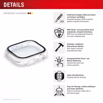 Ochrana displeja PanzerGlass Displex 10H pre Apple Watch 9/8/7 45mm, celoplošné tvrdené sklo, IP68, Snap-on, transparentné