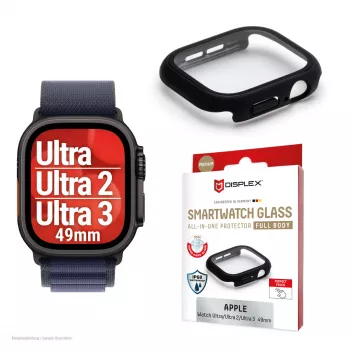 Ochrana displeja PanzerGlass Displex 10H pre Apple Watch Ultra 3/Ultra 2/Ultra (49 mm), celotelová, IP68, Snap-on, čierna matná
