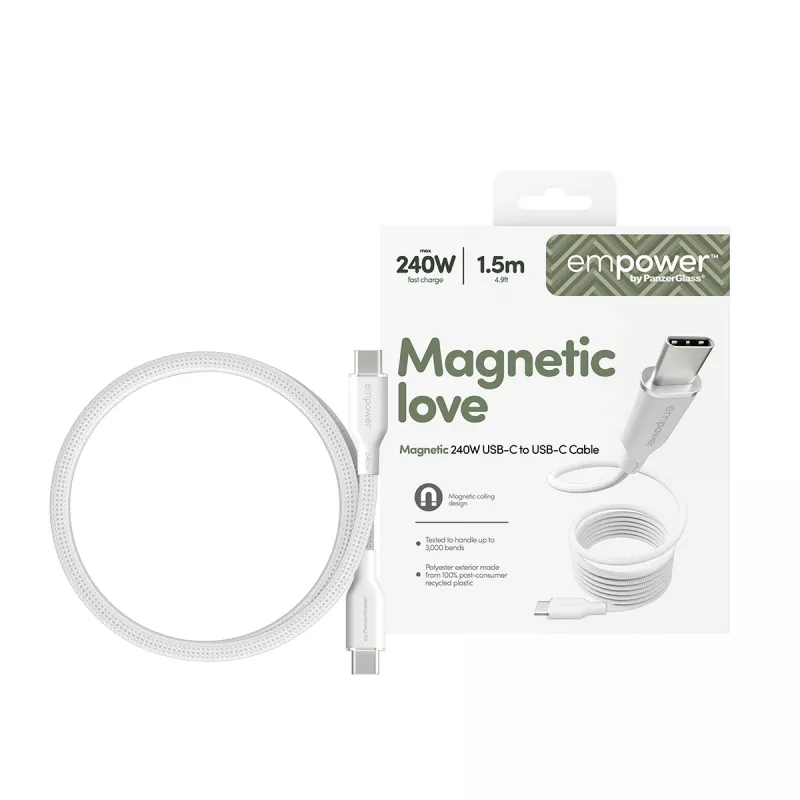 PanzerGlass empower™ by ® magnetický 240W USB-C-zu-USB-C kábel | USB 2.0 | 1,5 m | Silver White