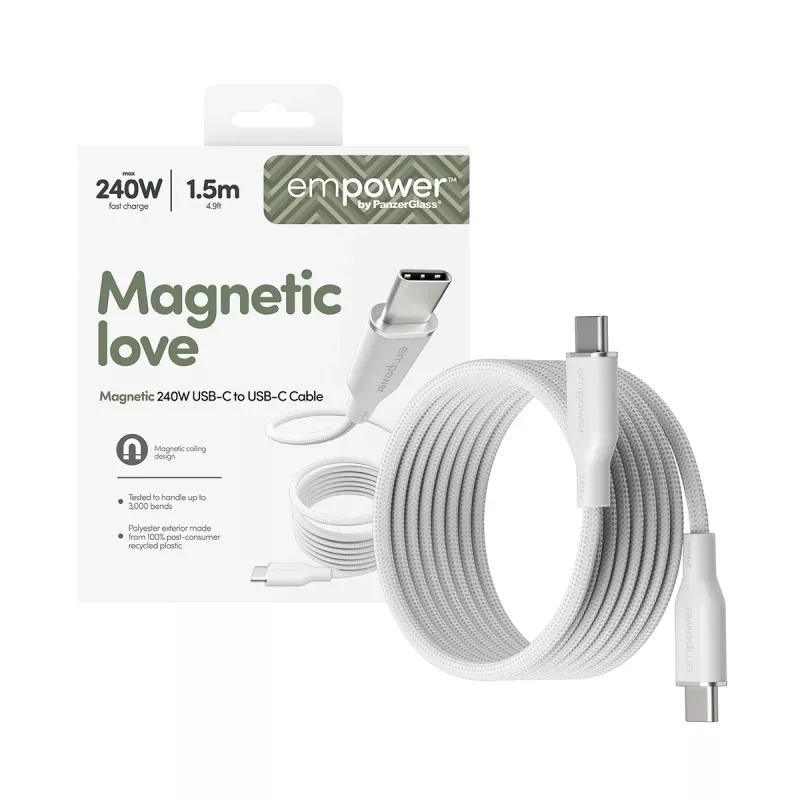 PanzerGlass empower™ by ® magnetický 240W USB-C-zu-USB-C kábel | USB 2.0 | 1,5 m | Silver White
