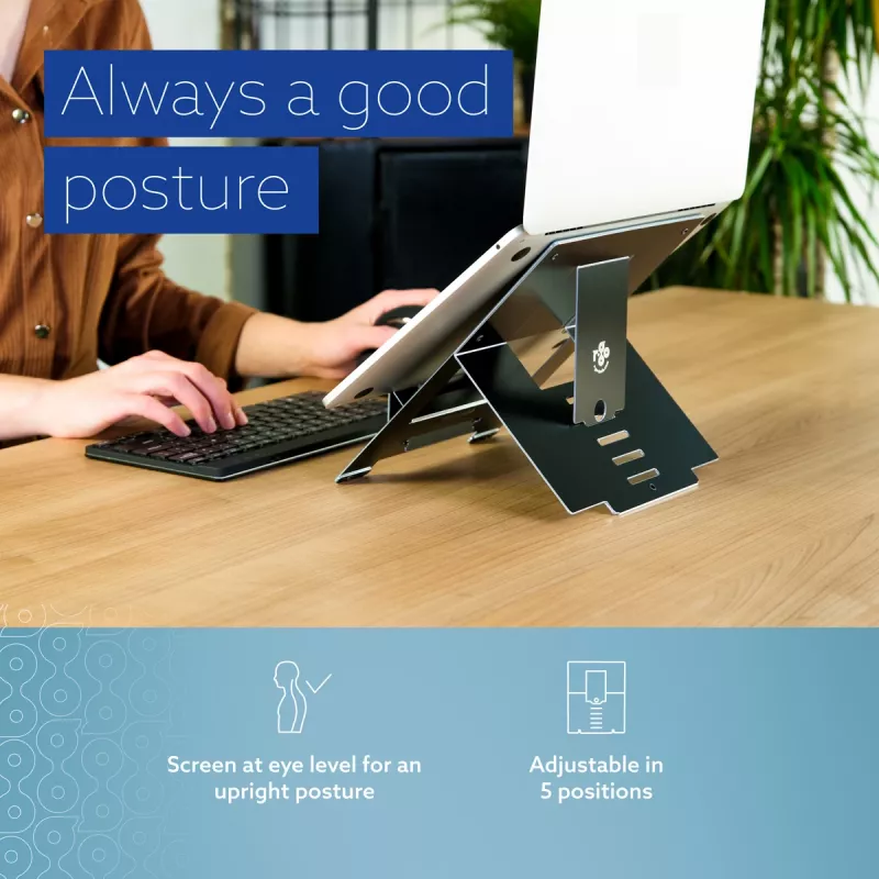 R-Go Tools stojan na notebook R-Go Riser Flexible, nastaviteľný skladací stojan na notebook, ergonomický, Hylite hliník, čierny