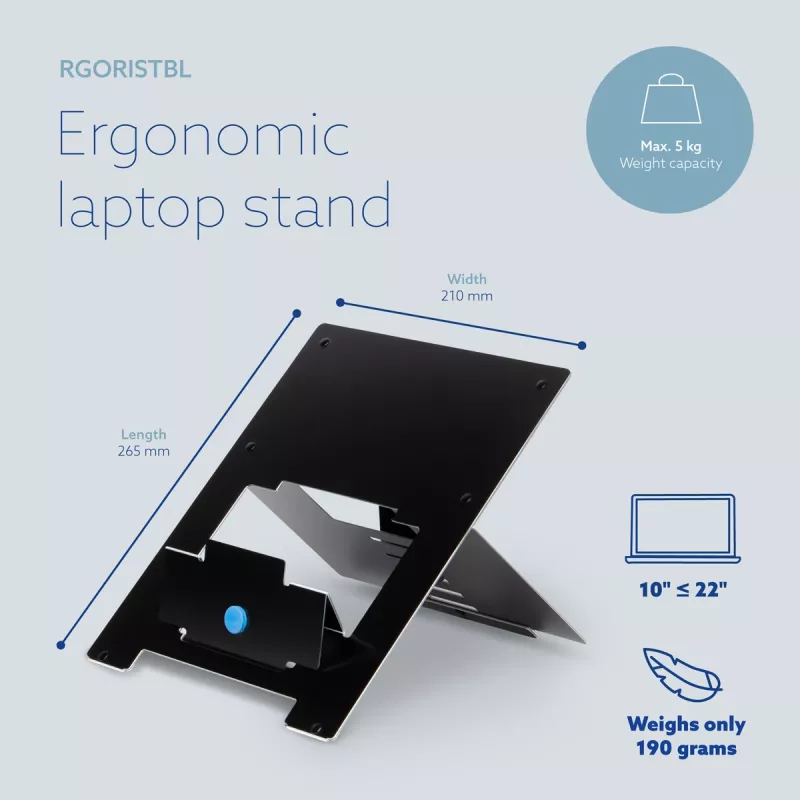 R-Go Tools stojan na notebook R-Go Riser Flexible, nastaviteľný skladací stojan na notebook, ergonomický, Hylite hliník, čierny