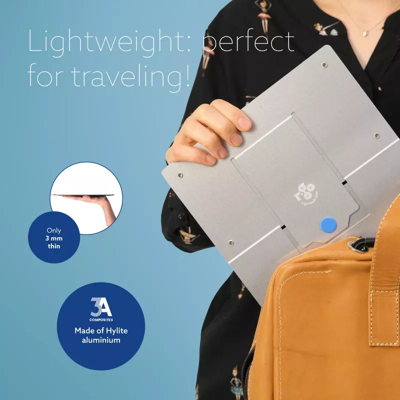 R-Go Tools stojan na notebook R-Go Riser Flexible, nastaviteľný skladací stojan na notebook, ergonomický, Hylite hliník, strieborný