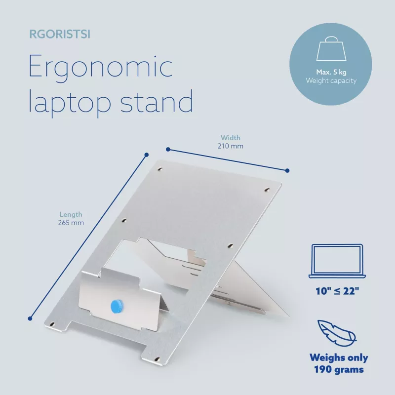 R-Go Tools stojan na notebook R-Go Riser Flexible, nastaviteľný skladací stojan na notebook, ergonomický, Hylite hliník, strieborný