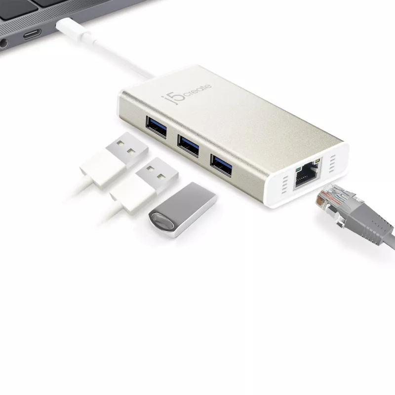 j5create JCH471 USB-C™ Gigabit Ethernet a hub multi adaptér, metallic champagne