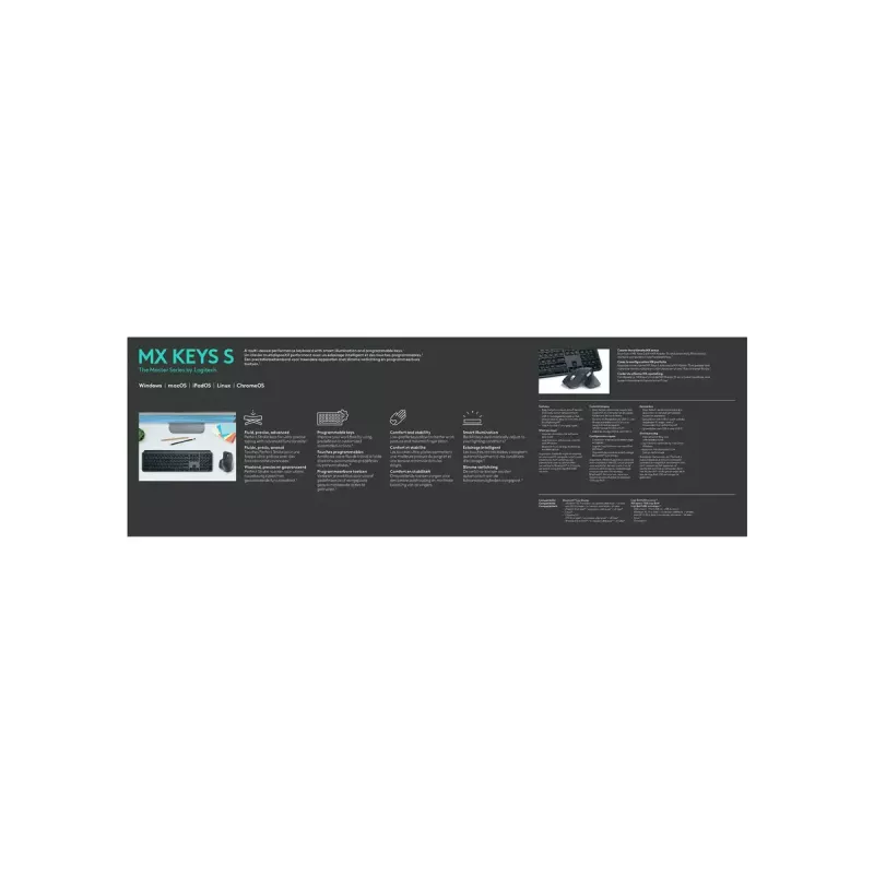 Logitech MX Keys S klávesnica univerzálna RF Wireless + Bluetooth AZERTY belgická grafitová