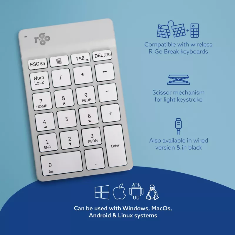 R-Go Tools numerická klávesnica R-Go Numpad Break, ergonomická numerická klávesnica so softvérom Break, Bluetooth, biela