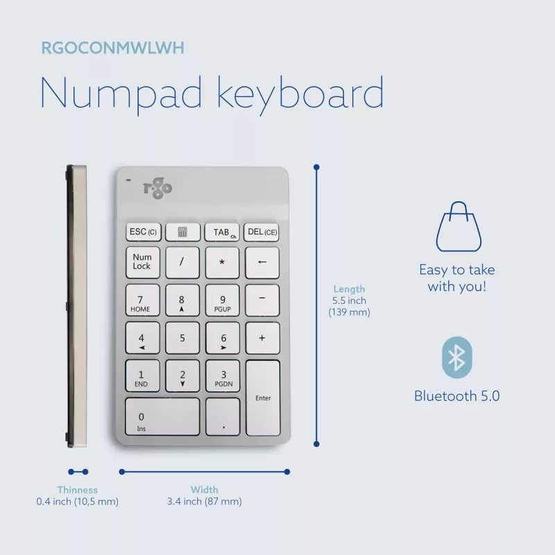 R-Go Tools numerická klávesnica R-Go Numpad Break, ergonomická numerická klávesnica so softvérom Break, Bluetooth, biela