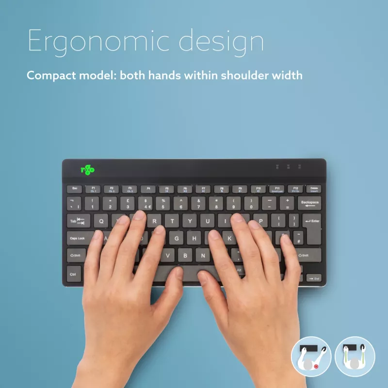 R-Go Tools ergonomická klávesnica R-Go Compact Break, kompaktná klávesnica so softvérom na prestávky, QWERTZ (DE), Bluetooth, čierna