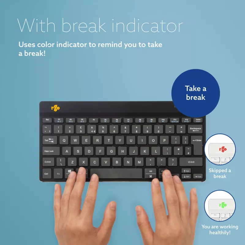R-Go Tools ergonomická klávesnica R-Go Compact Break, kompaktná klávesnica so softvérom na prestávky, QWERTZ (DE), Bluetooth, čierna