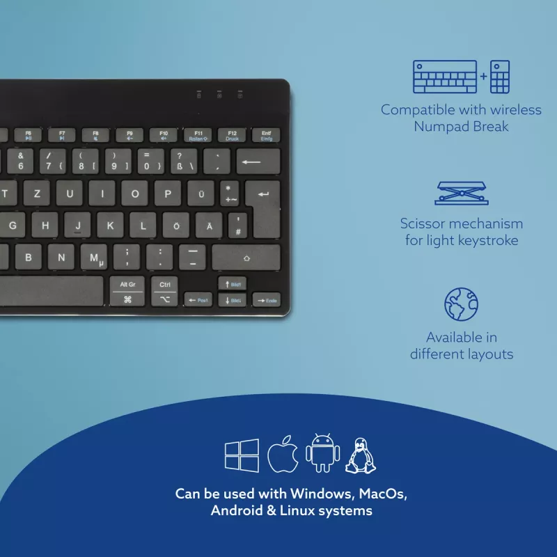 R-Go Tools ergonomická klávesnica R-Go Compact Break, kompaktná klávesnica so softvérom na prestávky, QWERTZ (DE), Bluetooth, čierna