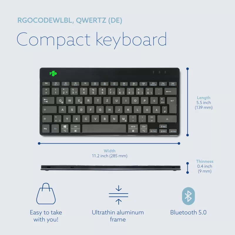 R-Go Tools ergonomická klávesnica R-Go Compact Break, kompaktná klávesnica so softvérom na prestávky, QWERTZ (DE), Bluetooth, čierna