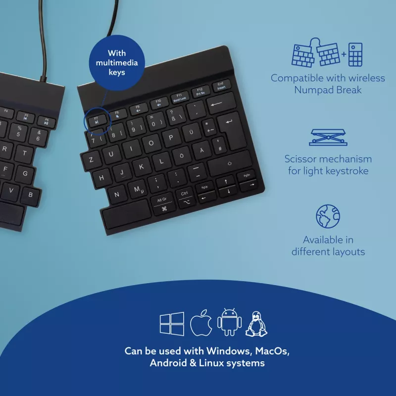 R-Go Tools ergonomická klávesnica R-Go Split Break so softvérom Break, ergonomická delená klávesnica, QWERTZ (DE), Bluetooth, čierna