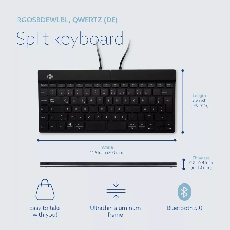 R-Go Tools ergonomická klávesnica R-Go Split Break so softvérom Break, ergonomická delená klávesnica, QWERTZ (DE), Bluetooth, čierna