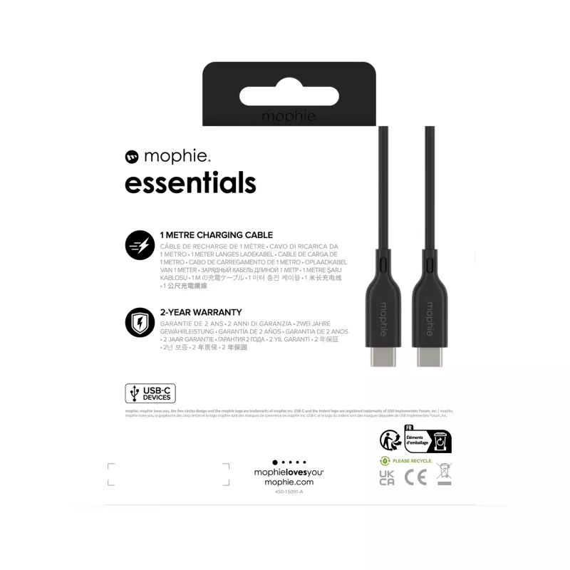 Nabíjací kábel USB-C na USB-C 1 m — Zagg International mophie essentials, USB 2.0, čierny