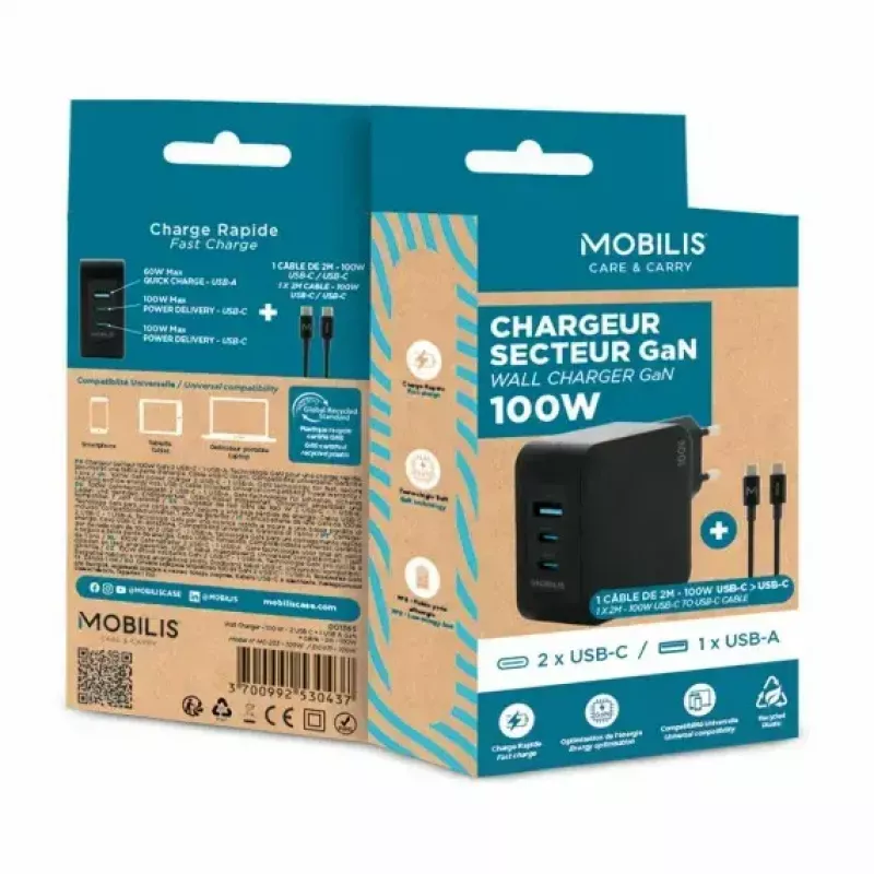 Ravanson Mobilis nabíjačka 100W GaN 2×USB‑C + 1×USB‑A AC pre interiér — pre notebook, smartfón, tablet — čierna