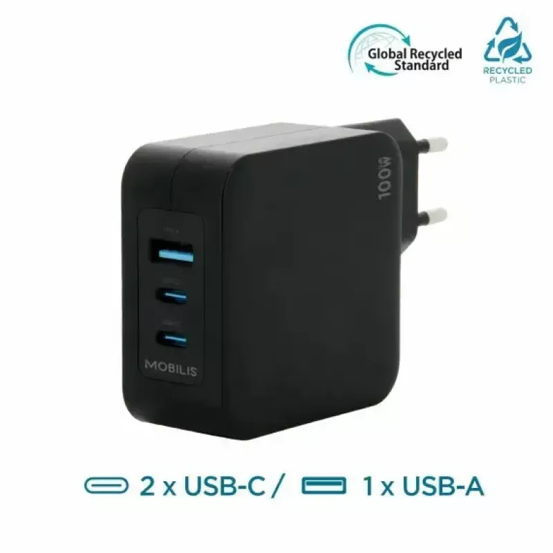 Ravanson Mobilis nabíjačka 100W GaN 2×USB‑C + 1×USB‑A AC pre interiér — pre notebook, smartfón, tablet — čierna