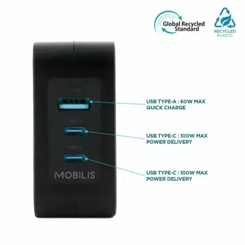 Ravanson Mobilis nabíjačka 100W GaN 2×USB‑C + 1×USB‑A AC pre interiér — pre notebook, smartfón, tablet — čierna