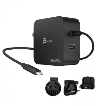 j5create 102W GaN PD USB-C 2-port nabíjačka s vymeniteľnými sieťovými zástrčkami