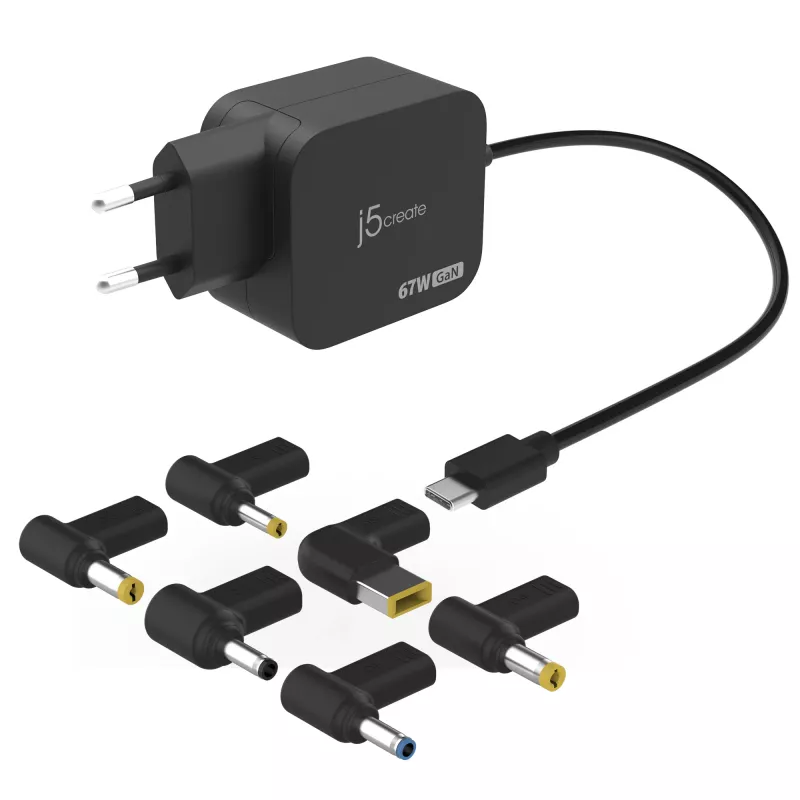 j5create JUP1565DC 67W GaN PD USB-C® mini nabíjačka so 6 typmi DC konektorov – EU, čierna