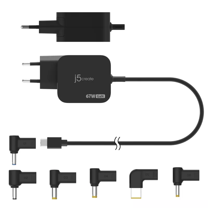 j5create JUP1565DC 67W GaN PD USB-C® mini nabíjačka so 6 typmi DC konektorov – EU, čierna
