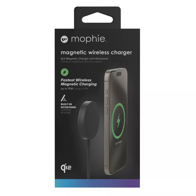 mophie Qi2 magnetická nabíjačka smartfón čierna USB bezdrôtové nabíjanie rýchle nabíjanie interiérová