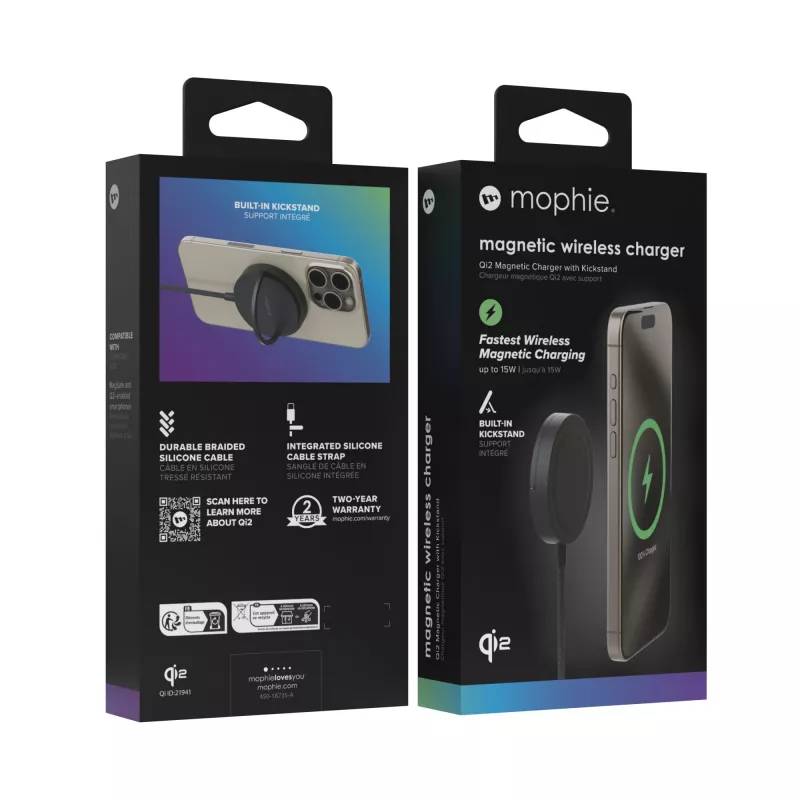 mophie Qi2 magnetická nabíjačka smartfón čierna USB bezdrôtové nabíjanie rýchle nabíjanie interiérová