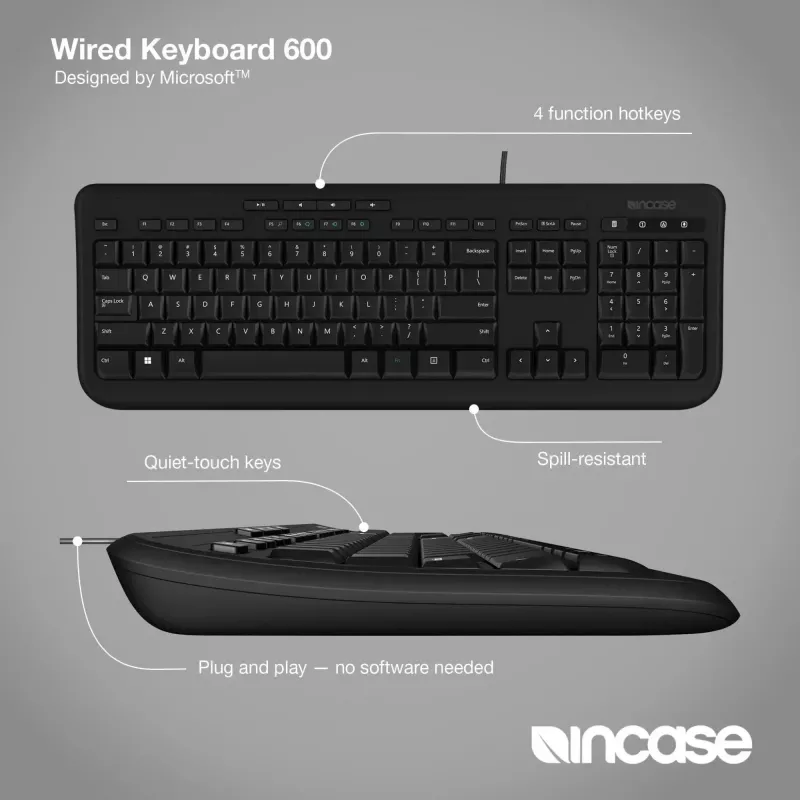 Káblová full-size klávesnica Incase Designed by Microsoft Wired 600 — USB, QWERTY, UK-anglická, čierna