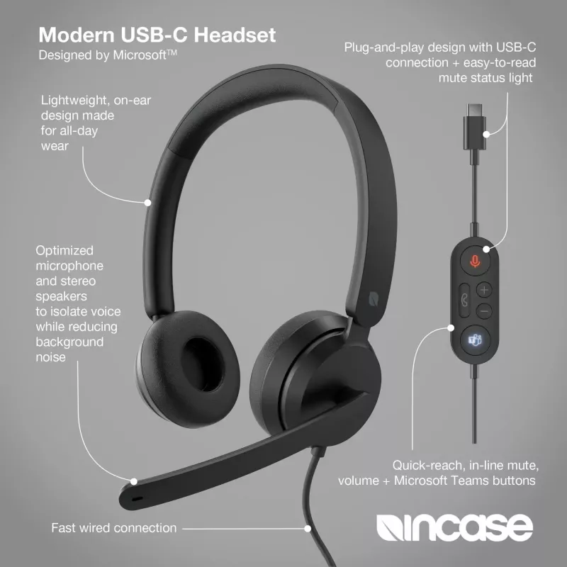 Incase Designed by Microsoft Modern USB-C Headset káblový headset s hlavovým mostom kancelária/call centrum USB Type-C čierny