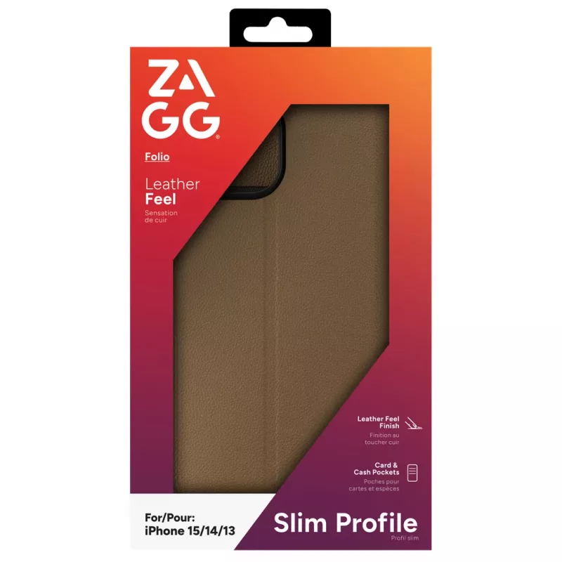 ZAGG 702314850 Folio puzdro s klopou pre Apple iPhone 16e/15/14/13, umelá koža, hnedé