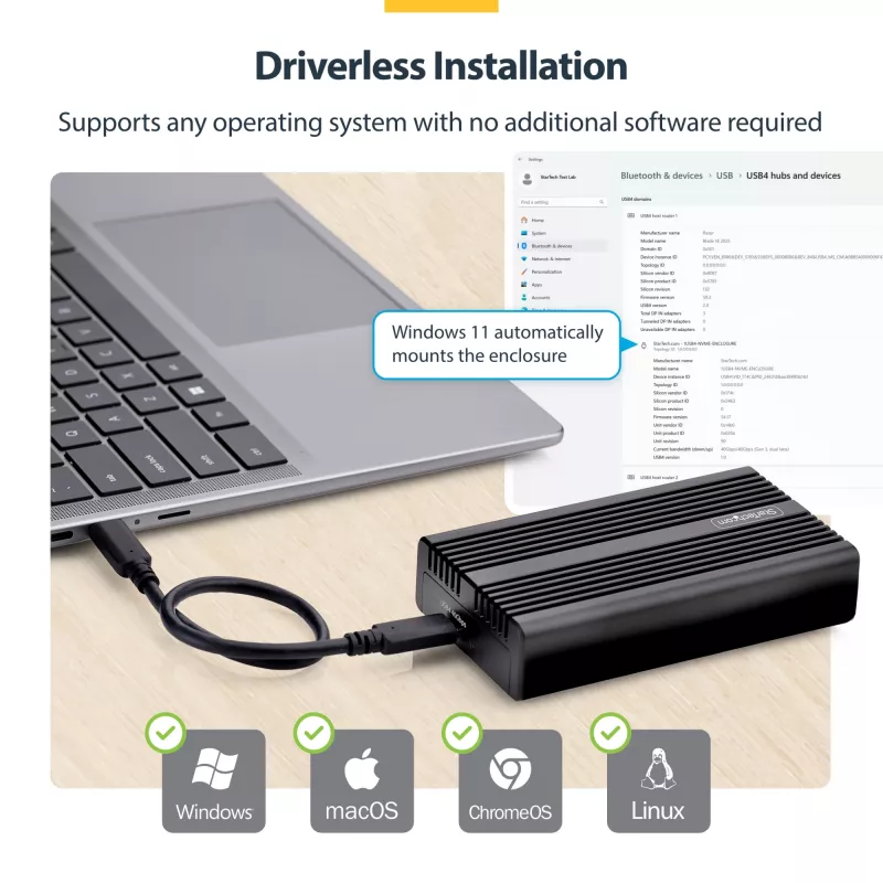 StarTech.com USB4 M.2 NVMe puzdro, 40 Gbit/s, externé USB-C/Thunderbolt NVMe SSD puzdro, hliníkové chladičové puzdro, B+M/M-Key
