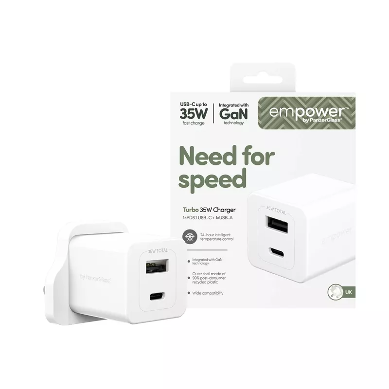 PanzerGlass empower™ by ® Turbo 35W nabíjačka vrátane USB-C + USB-A | UK konektor | strieborno-biela