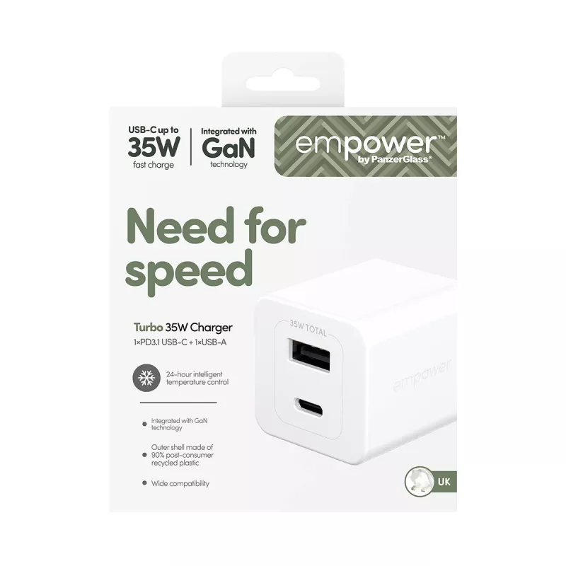 PanzerGlass empower™ by ® Turbo 35W nabíjačka vrátane USB-C + USB-A | UK konektor | strieborno-biela