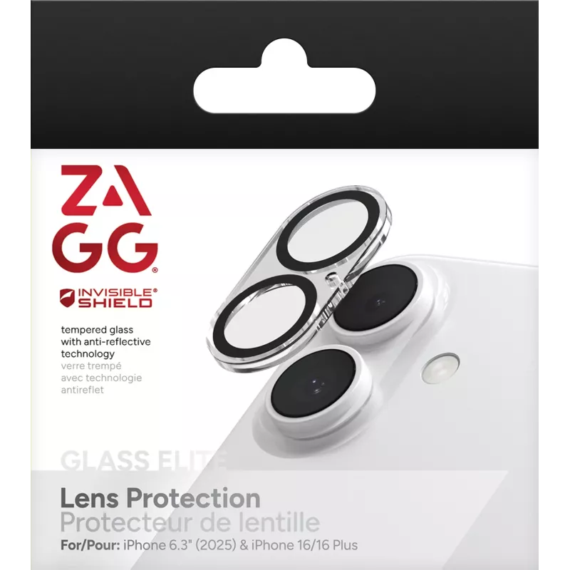 ZAGG InvisibleShield Glass Elite ochrana objektívu fotoaparátu pre Apple iPhone 16/16 Plus, čierna