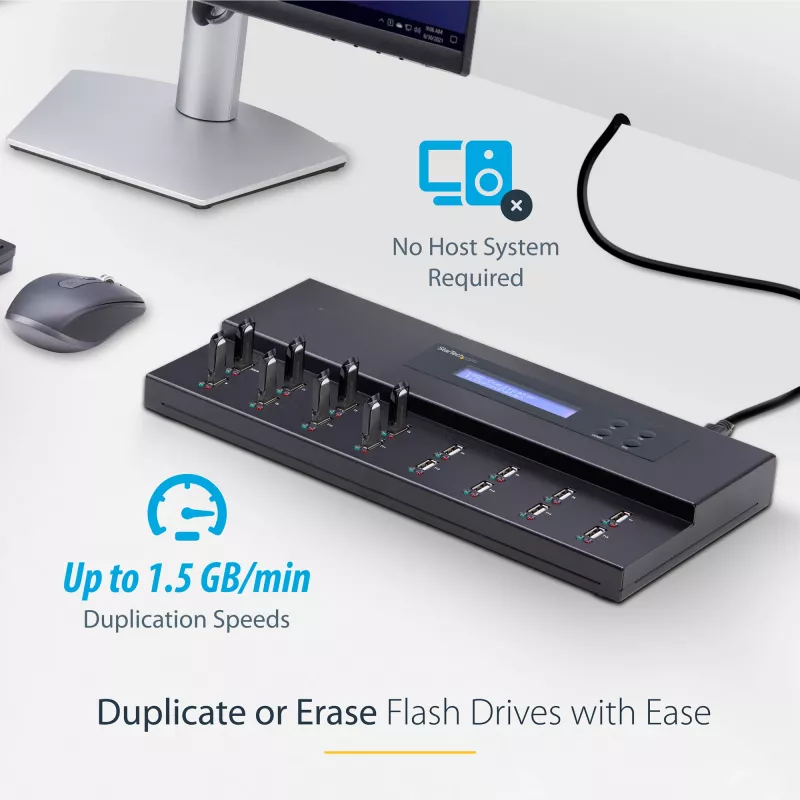 StarTech.com samostatný 1-na-15 USB flash duplikátor a vymazávač, kopírovanie viacerých USB flash diskov, systémová a súborová ako aj celodisková kópia s 1,5 GB/min, jednotlivé a 3-násobné vymazanie, LCD displej – TAA