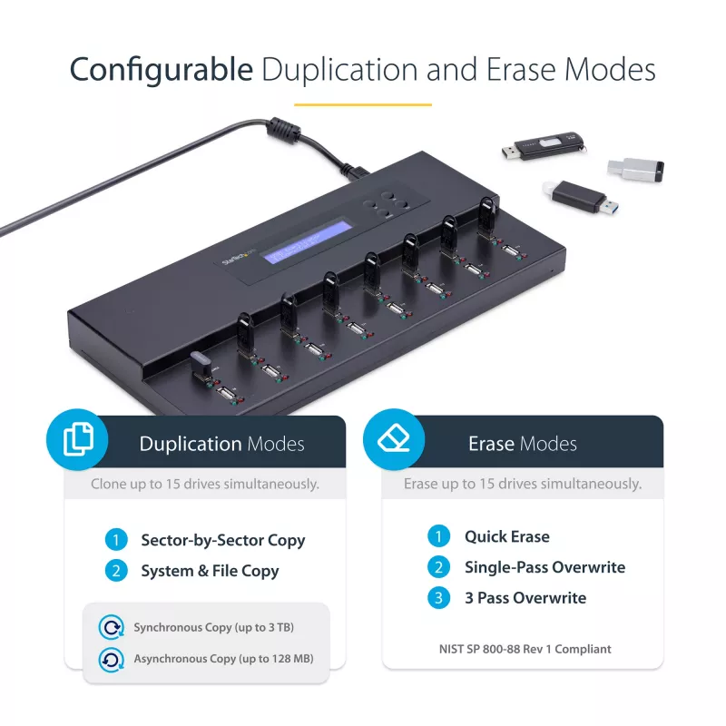 StarTech.com samostatný 1-na-15 USB flash duplikátor a vymazávač, kopírovanie viacerých USB flash diskov, systémová a súborová ako aj celodisková kópia s 1,5 GB/min, jednotlivé a 3-násobné vymazanie, LCD displej – TAA