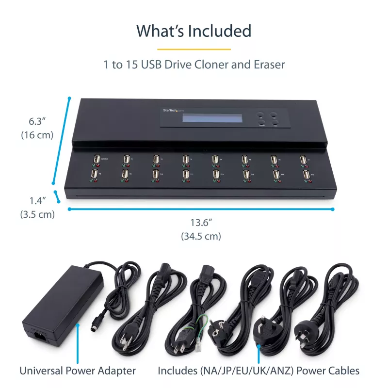 StarTech.com samostatný 1-na-15 USB flash duplikátor a vymazávač, kopírovanie viacerých USB flash diskov, systémová a súborová ako aj celodisková kópia s 1,5 GB/min, jednotlivé a 3-násobné vymazanie, LCD displej – TAA